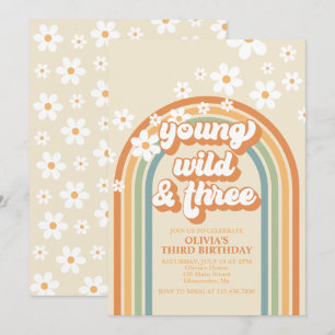 Invitation Young Wild Three Retro Rainbow Daisy Anniversaire