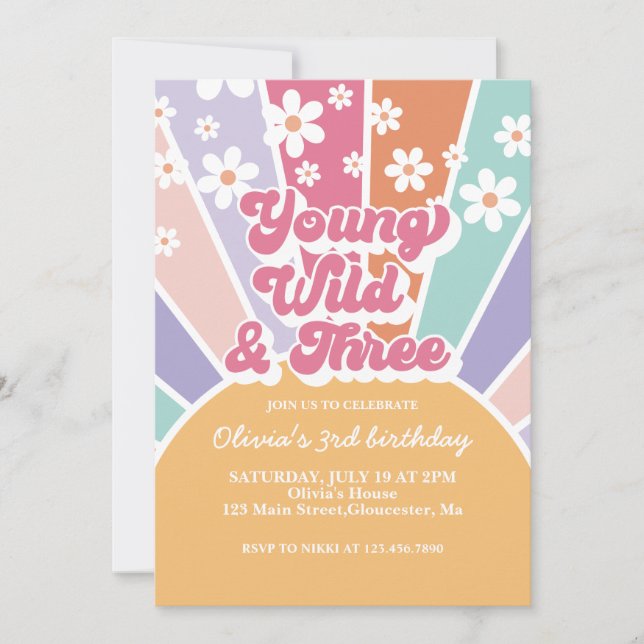 Invitation Young Wild Three Retro Sunshine Rainbow Daisy (Devant)