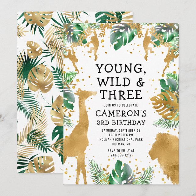 Invitation Young Wild Three Safari Gold Green 3e anniversaire (Devant / Derrière)