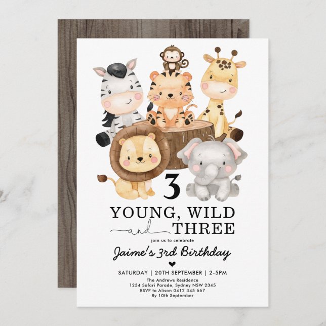 Invitation Young Wild & Three Safari Jungle 3e anniversaire (Devant / Derrière)