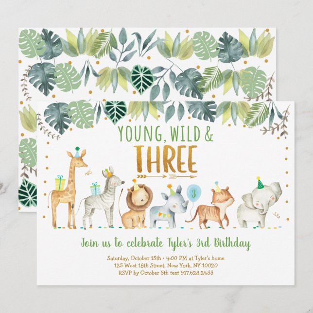 Invitation Young Wild & Three Safari Jungle Anniversaire (Devant / Derrière)