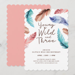 Invitation Young Wild & Three Watercolor Boho Feathers