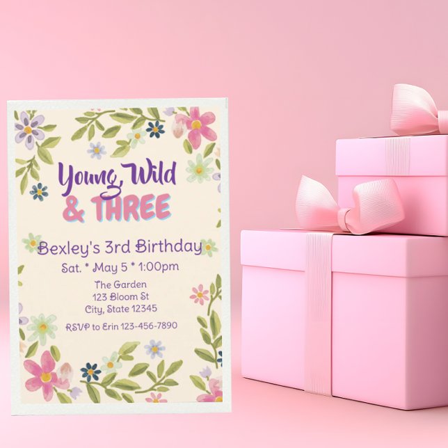 Invitation Young, Wild, & Three Wildflower, 3rd birthday  (Créateur téléchargé)