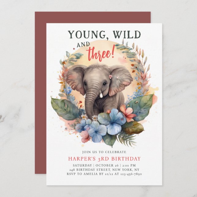 Invitation Young Wild Trois 3e anniversaire enfants mignon él (Devant / Derrière)