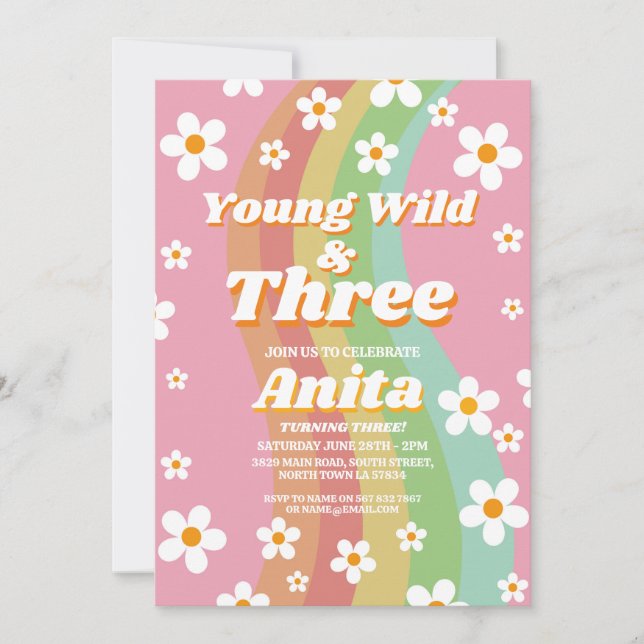 Invitation Young Wild Trois Super 3e filles roses Retro année (Devant)