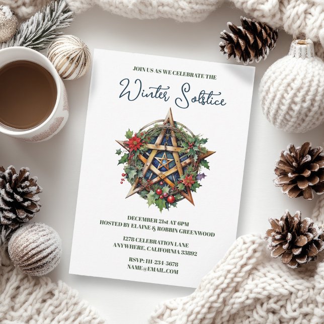Invitation Yule Solstice d'Hiver Pentacle Païen Wicca (Yule Winter Solstice Holly Pentacle Pagan Wicca Invitation)