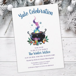 Invitation Yule Winter Solstice Sorcière Cauldron Holly Snow