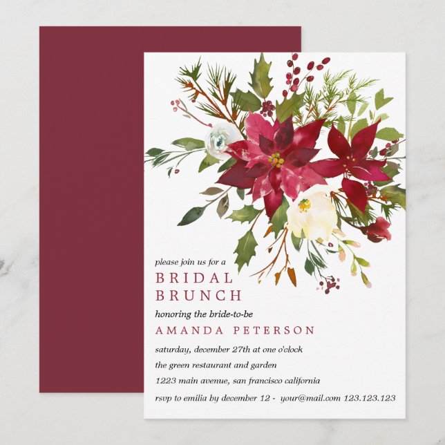 Invitation Yuletide| PoinsettiaBouquet Mariage Brunch nuptial (Devant / Derrière)