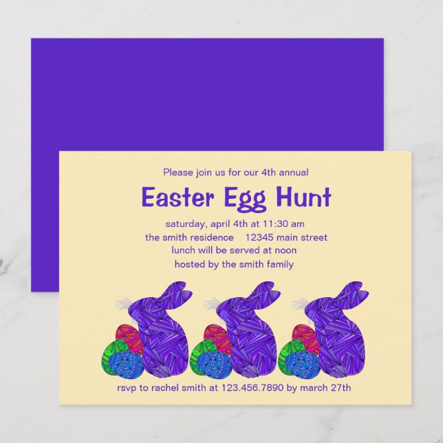 Invitation Z Purple Lapin de Pâques Fête de chasse aux oeufs  (Devant / Derrière)