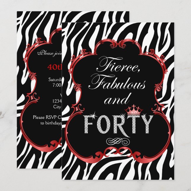 Invitation Zebra 40 et Fabulous Bling Anniversaire (Devant / Derrière)