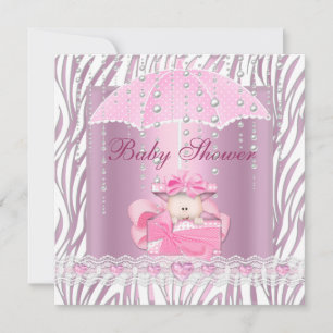 Invitation Zebra Baby shower fille bébé rose parapluie blanc