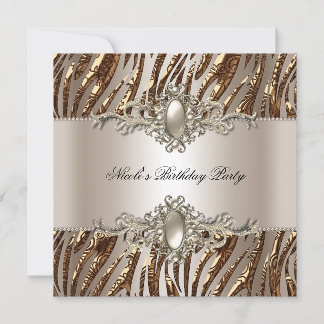 Invitation Zebra Birthday Party Pearl Cream Café (Devant)