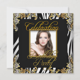 Invitation Zebra Black White Gold Photo Anniversaire