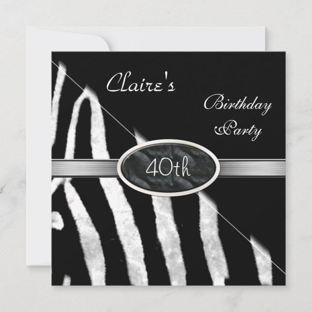 Invitation Zebra Black White Silver 40e fête d'anniversaire (Devant)