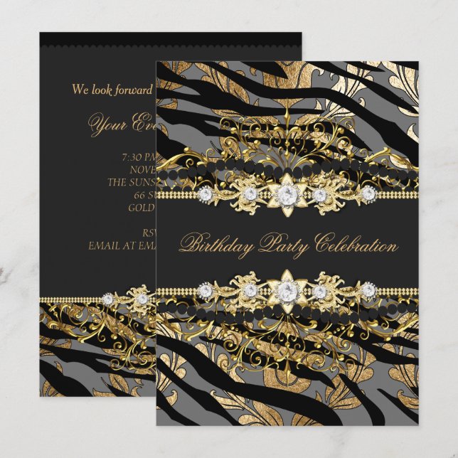 Invitation Zebra Damask Gold Black Foil Beige Elegant Party (Devant / Derrière)