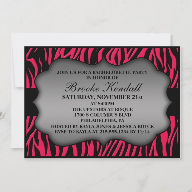 Invitation Zebra de nuit sauvage rose chaud Imprimer Bachelor (Devant)