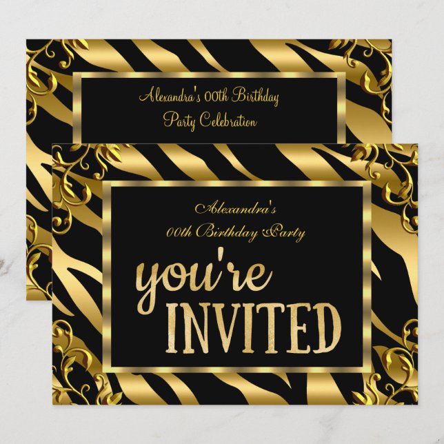 Invitation Zebra Gold Foil Black Elégante fête d'anniversaire (Devant / Derrière)
