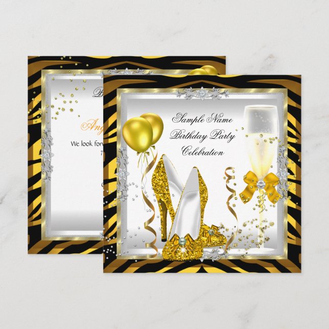 Invitation Zebra Gold Parties scintillant talons Jaune fête d (Devant / Derrière)