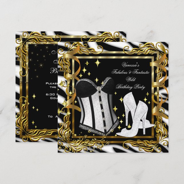 Invitation Zebra High Heel Gold Black Corset fête d'anniversa (Devant / Derrière)
