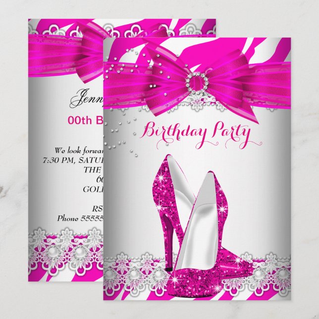 Invitation Zebra Hot Rose High Talon Lace Pearl fête d'annive (Devant / Derrière)