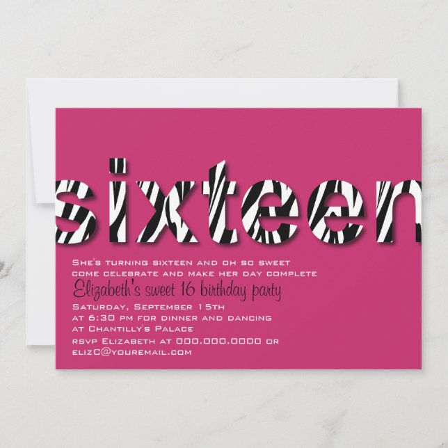 Invitation Zebra Imprimer la typographie Design Sweet 16 Invi (Devant)