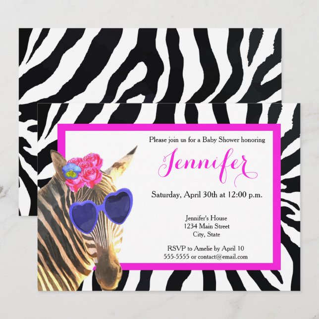 Invitation Zebra juna animal mode baby shower glamour (Devant / Derrière)
