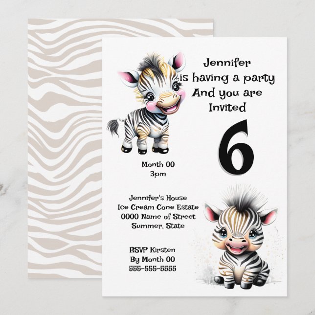 Invitation Zebra jungle safari thème enfant N'IMPORTE QUEL ÂG (Devant / Derrière)