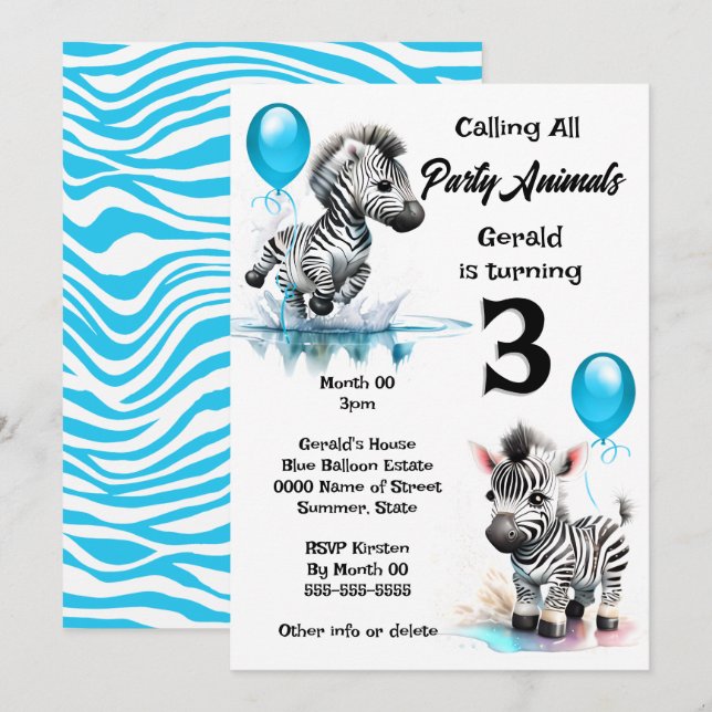 Invitation Zebra jungle safari thème garçons anniversaire ble (Devant / Derrière)