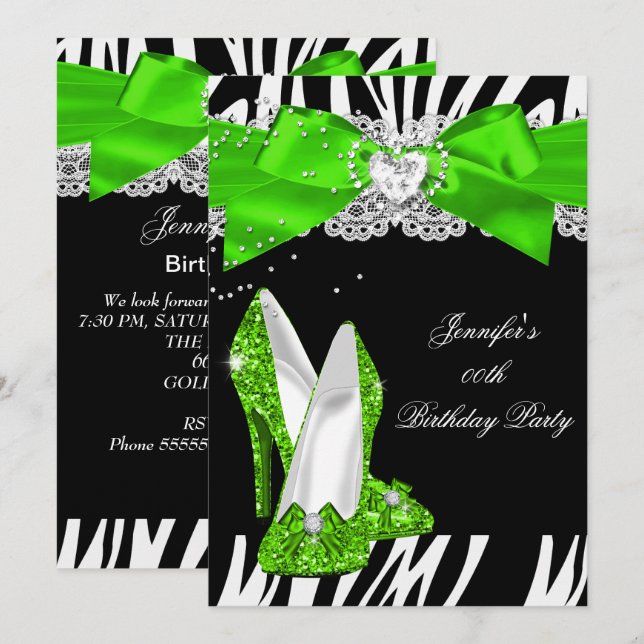 Invitation Zebra Lime Green Parties scintillant haute chaussu (Devant / Derrière)