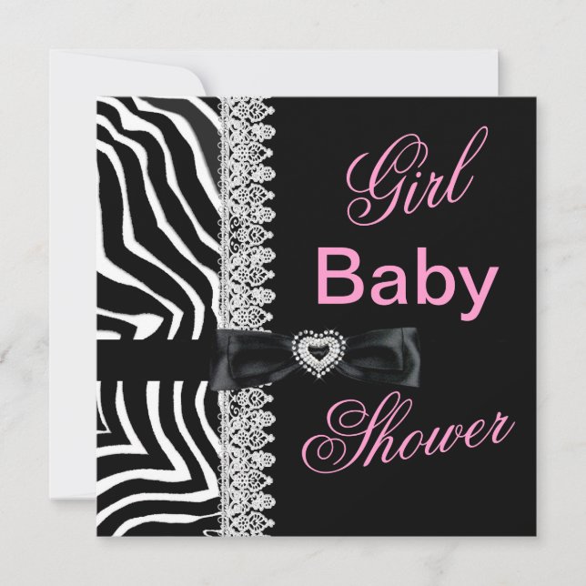 Invitation Zebra noir blanc rose fille Baby shower dentelle (Devant)
