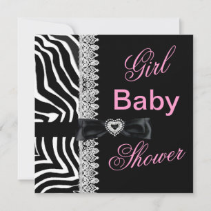 Invitation Zebra noir blanc rose fille Baby shower dentelle