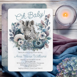 Invitation Zebra Oh Baby Blue Floral Baby Shower
