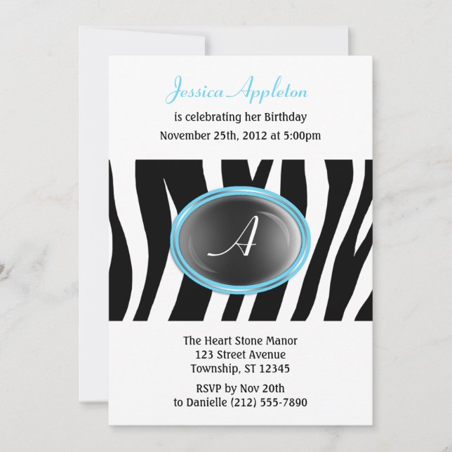 Invitation Zebra Print Aqua Blue Glass Monogramme Anniversair (Devant)