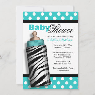 Invitation Zebra Print Baby Bottle Baby shower Turquoise