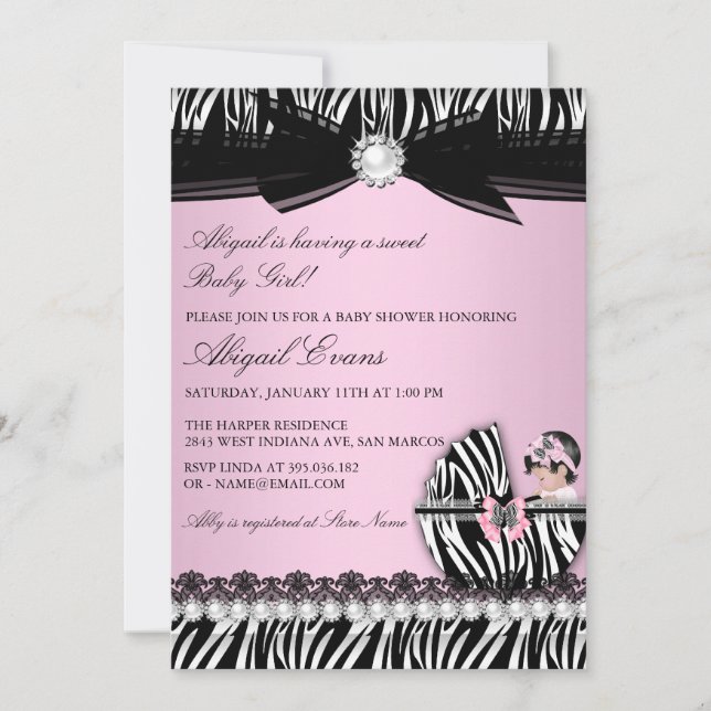 Invitation Zebra Print & Bow Baby Girl Baby shower (Devant)
