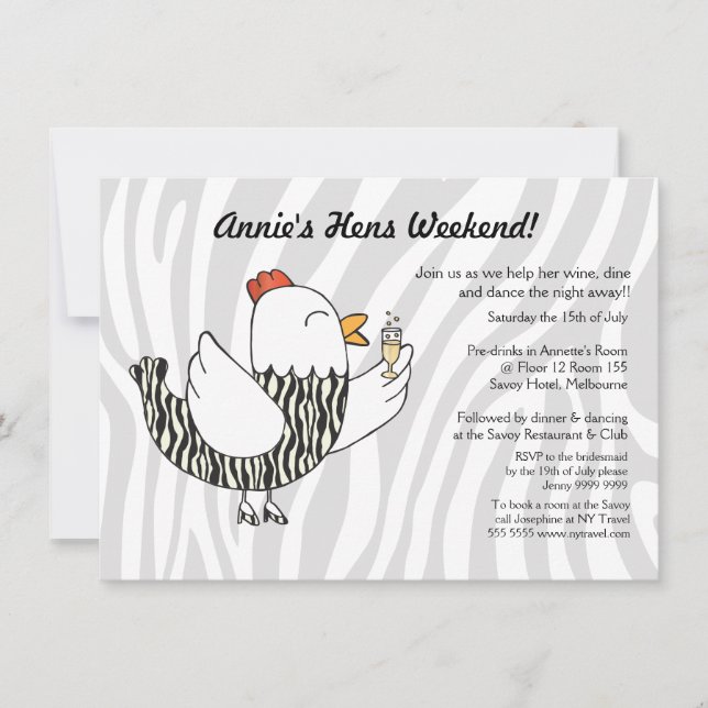 Invitation Zebra Print Drôle Hen - Bachelorette de la fête de (Devant)