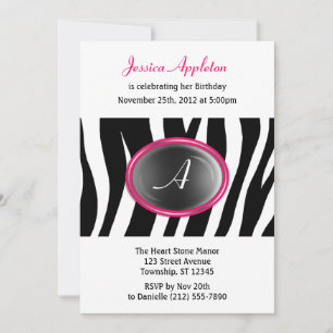 Invitation Zebra Print Fuchsia Monogramme en verre Anniversai