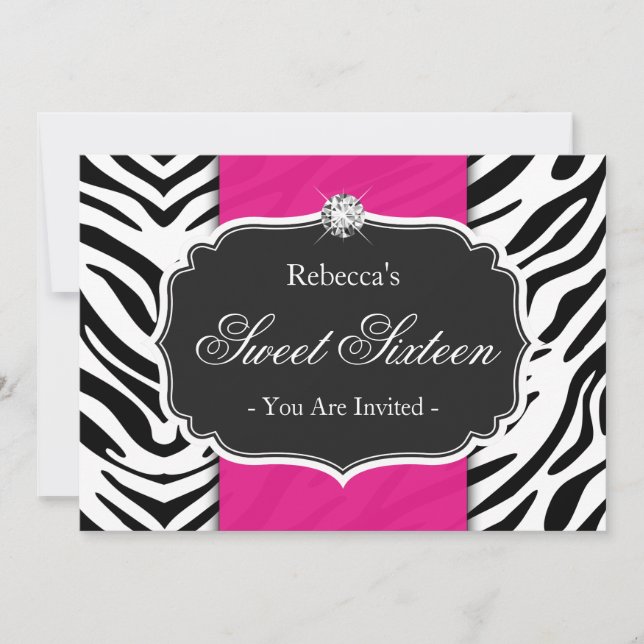 Invitation Zebra Print Hot rose Sweet 16 Sweet sixteen Party (Devant)