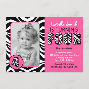 Invitation Zebra Print Pink Girls Forth Birthday