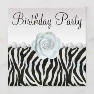 Invitation Zebra Print & Printing Pearls & Rose Birthday Part