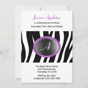 Invitation Zebra Print violet verre Monogramme Anniversaire