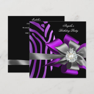 Invitation Zebra Purple Black Argent Bow Pearl Anniversaire 2