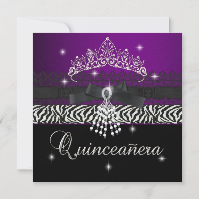 Invitation Zebra Quinceanera 15e anniversaire fête violet noi (Devant)