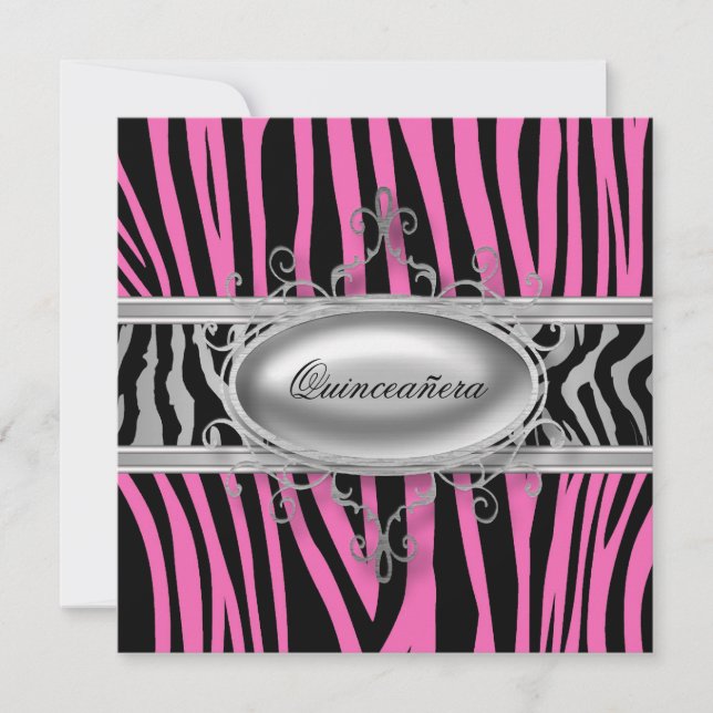 Invitation Zebra Quinceanera rose (Devant)
