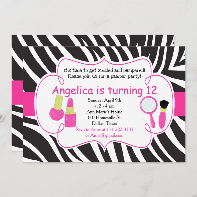 Invitation Zebra rayé Anniversaire Pamper Party Slepover (Devant / Derrière)