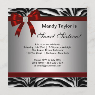 Invitation Zebra Red Bow Sweet sixteen fantaisie