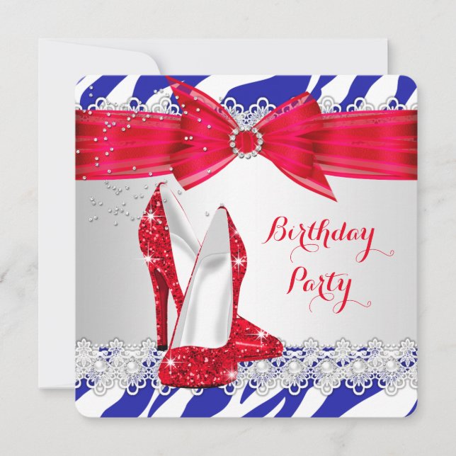 Invitation Zebra Rouge Blanc Bleu Talon Lace Perle Anniversai (Devant)