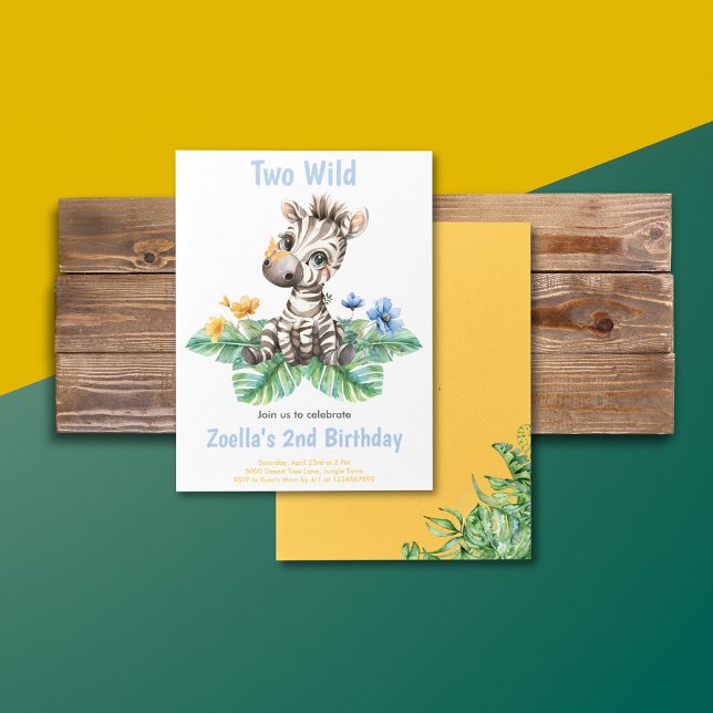 Invitation Zebra Safari jungle Party (Safari Jungle Watercolor Zebra Yellow Blue Flowers Greenery Birthday Invitation)