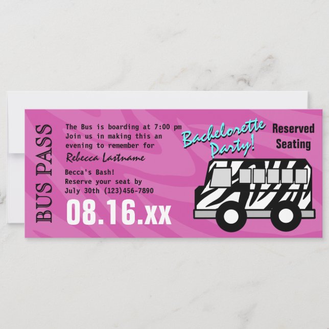 Invitation Zebra Stripe Bus Pass Fête des poules (Devant)