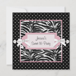 Invitation Zebra Sweet 16 Anniversaire de Black White Pink